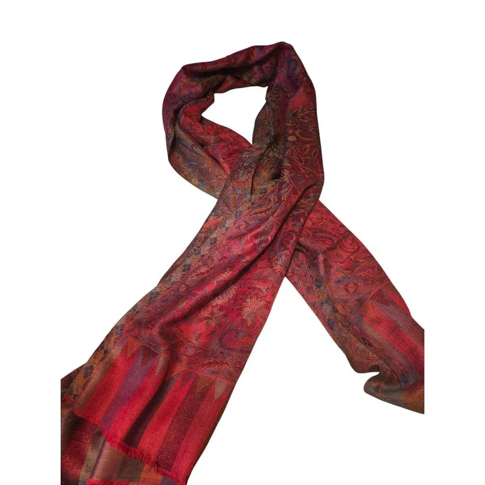 Vintage-Inspired Stole Red & Multicolor Paisley Patterned Woven Scarf or Wrap